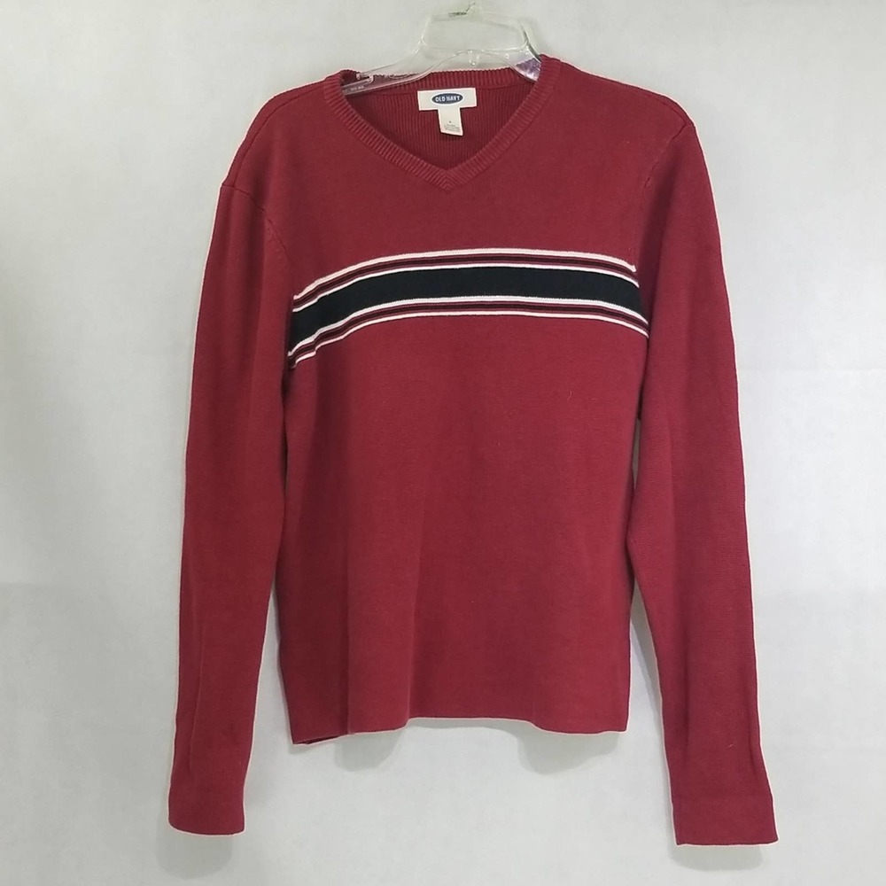 Old Navy Red Sweater V Neck Stripes Small - Picture 1 of 8